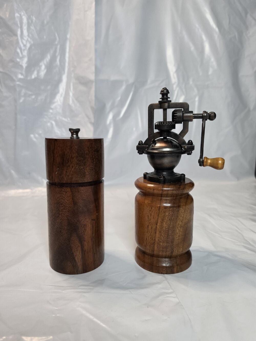 Antique Style Steampunk Hand Crank Metal & Wood Pepper Mill & Salt Grinder